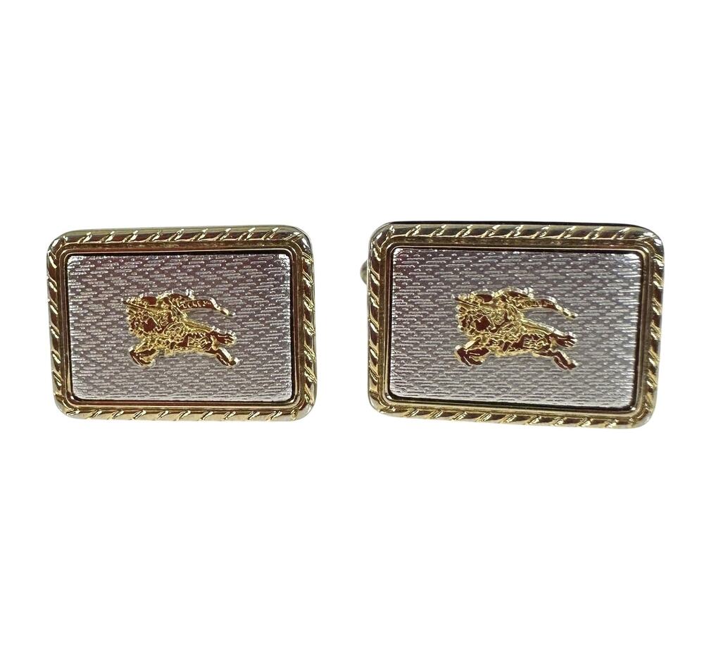Vintage Burberrys Cufflinks Mens Gold Silver Tone Logo Rectangular Bullet Back